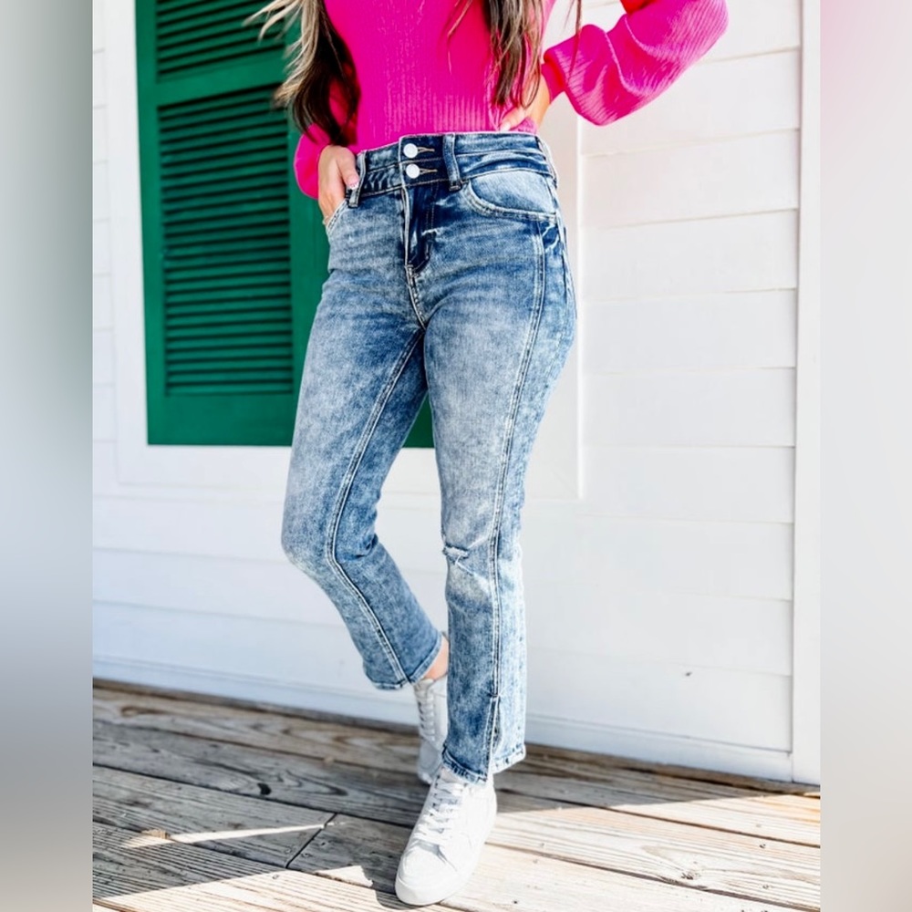 Vervet Double Button High Rise Slim Straight Jean with Front Slit